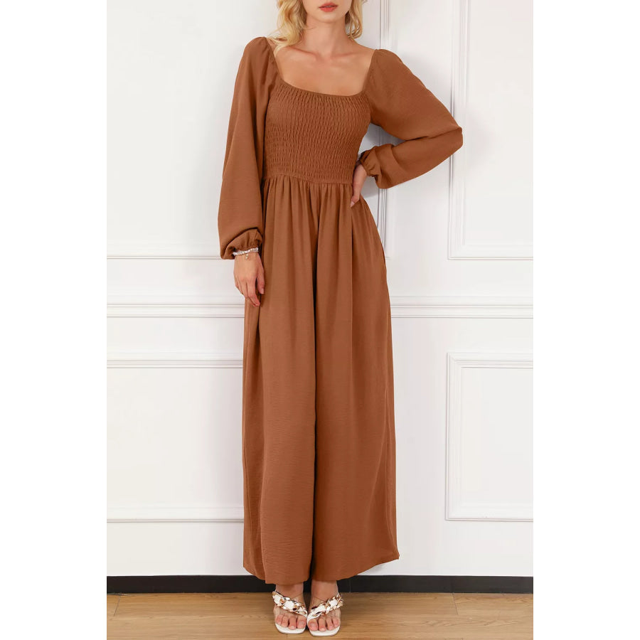 Boho Smocked Square Neck Wide Leg Jumpsuit Apparel and Accessories