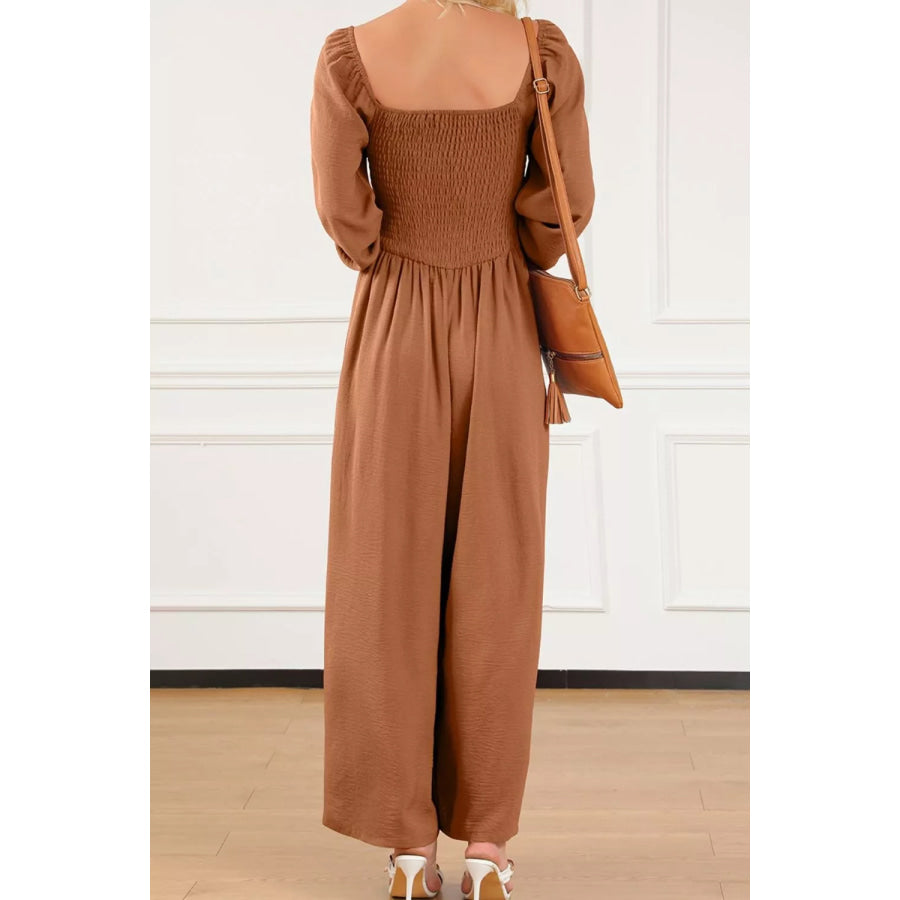 Boho Smocked Square Neck Wide Leg Jumpsuit Apparel and Accessories