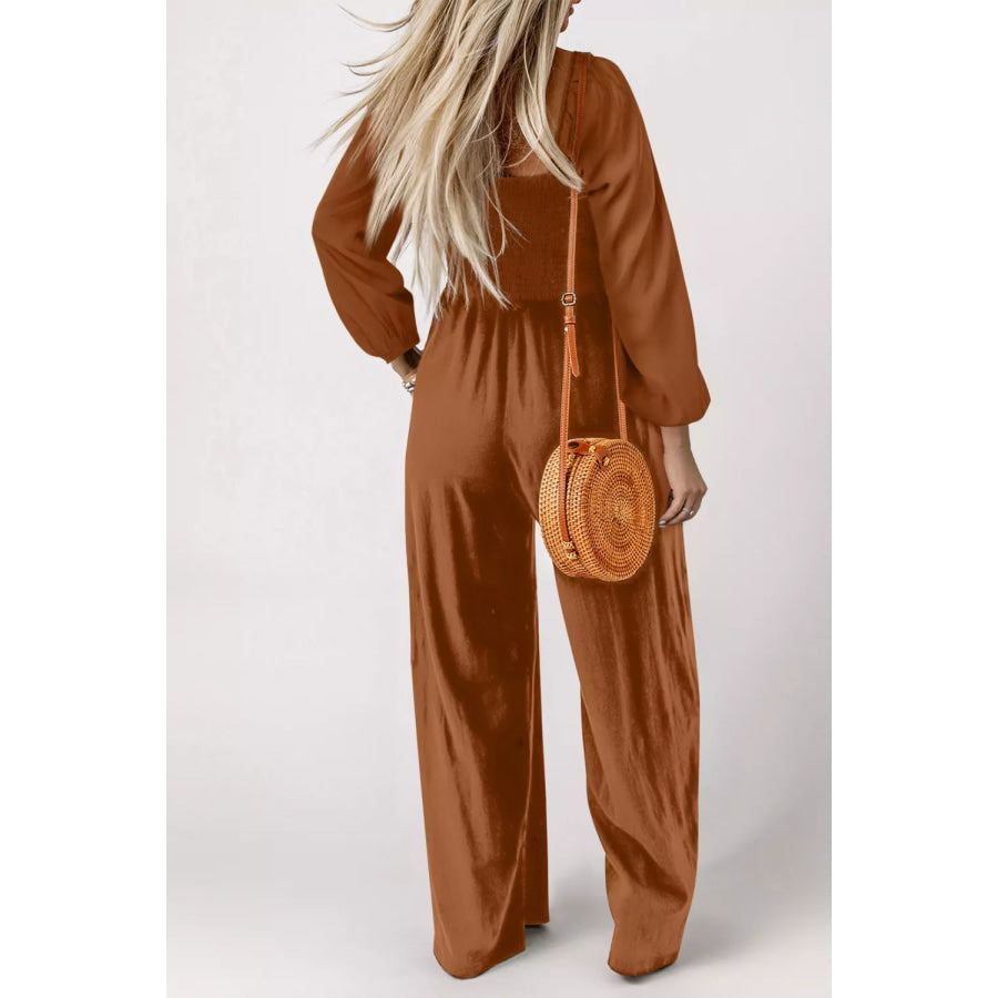Boho Smocked Square Neck Wide Leg Jumpsuit Apparel and Accessories