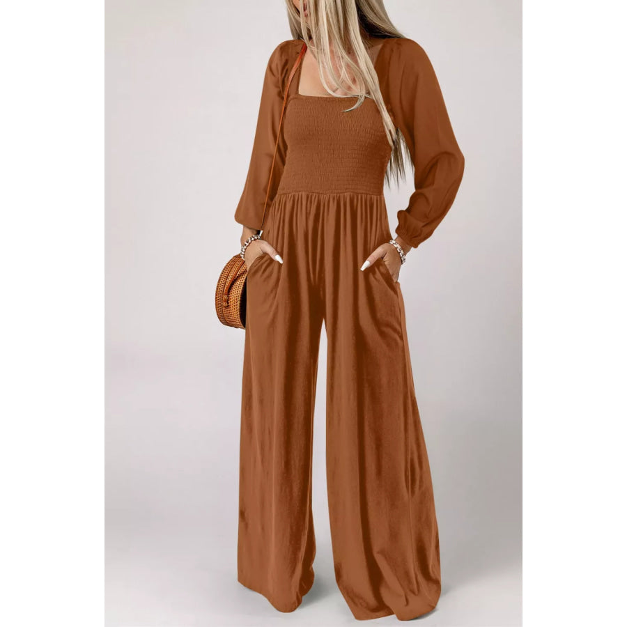 Boho Smocked Square Neck Wide Leg Jumpsuit Caramel / XS Apparel and Accessories