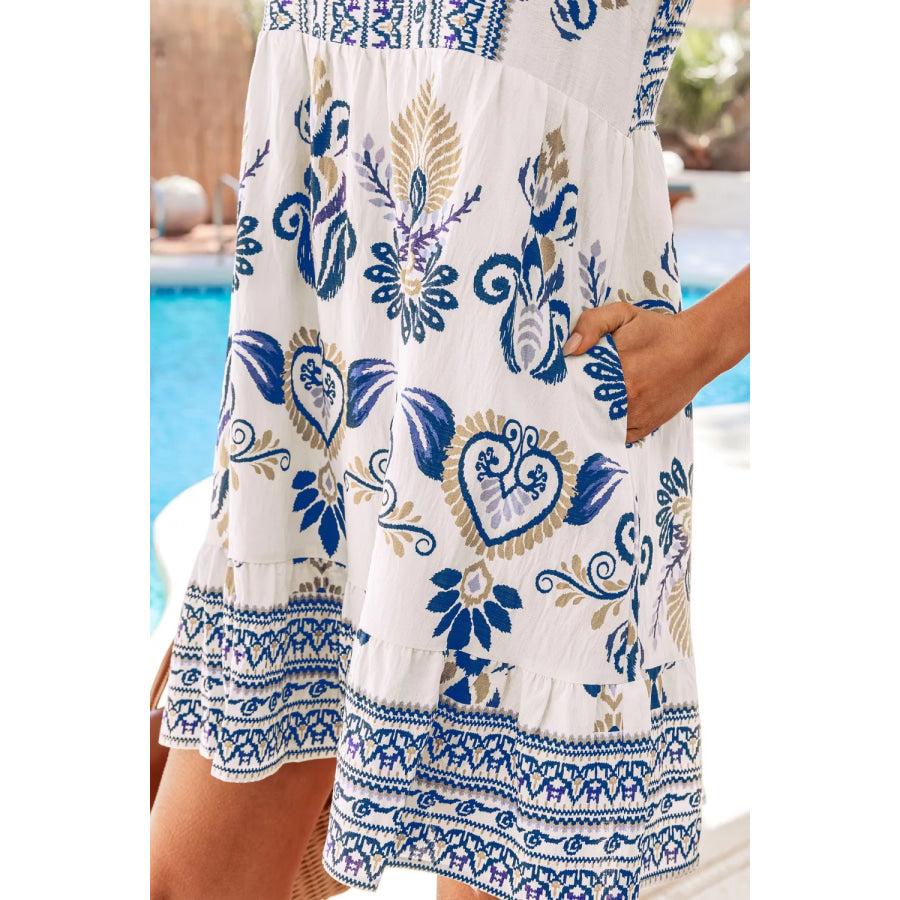 Boho Western Floral Printed Split Neck Ruffled Sleeve Mini Dress Apparel and Accessories