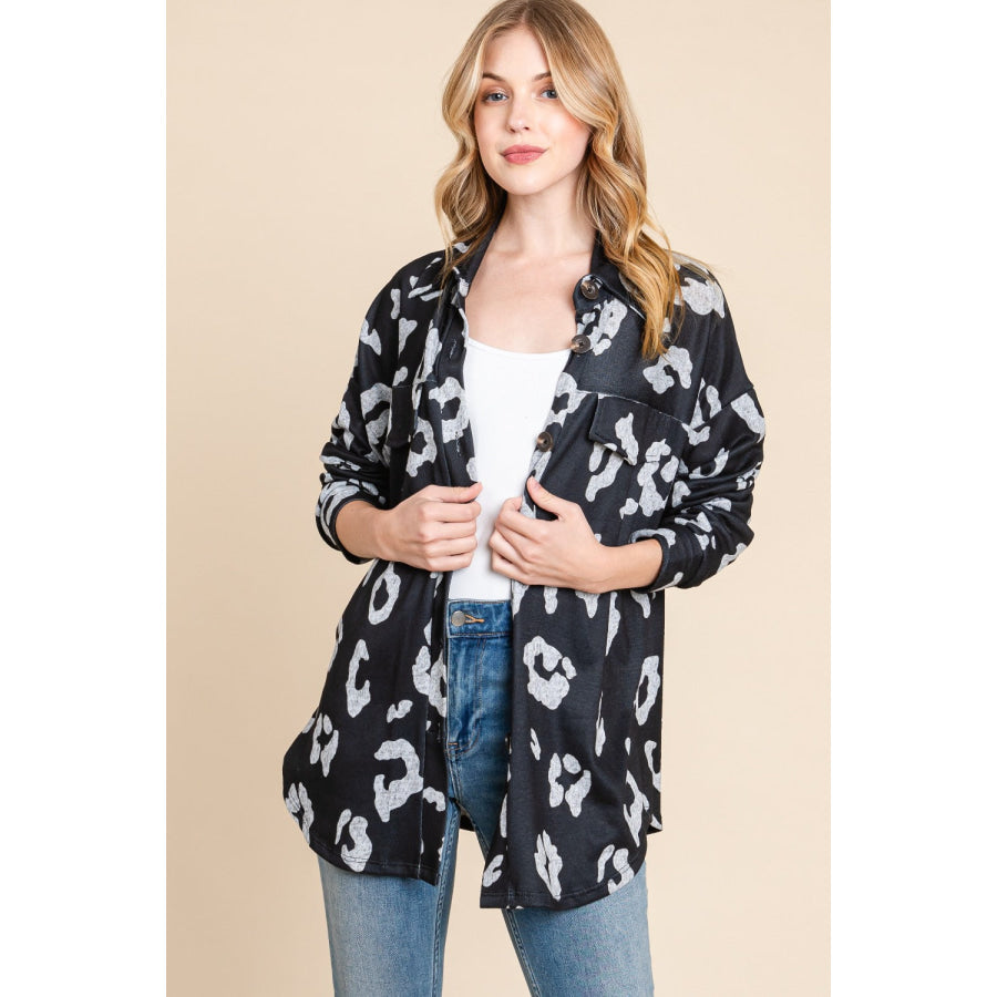 BOMBOM Animal Print Button Up Knit Shacket Apparel and Accessories