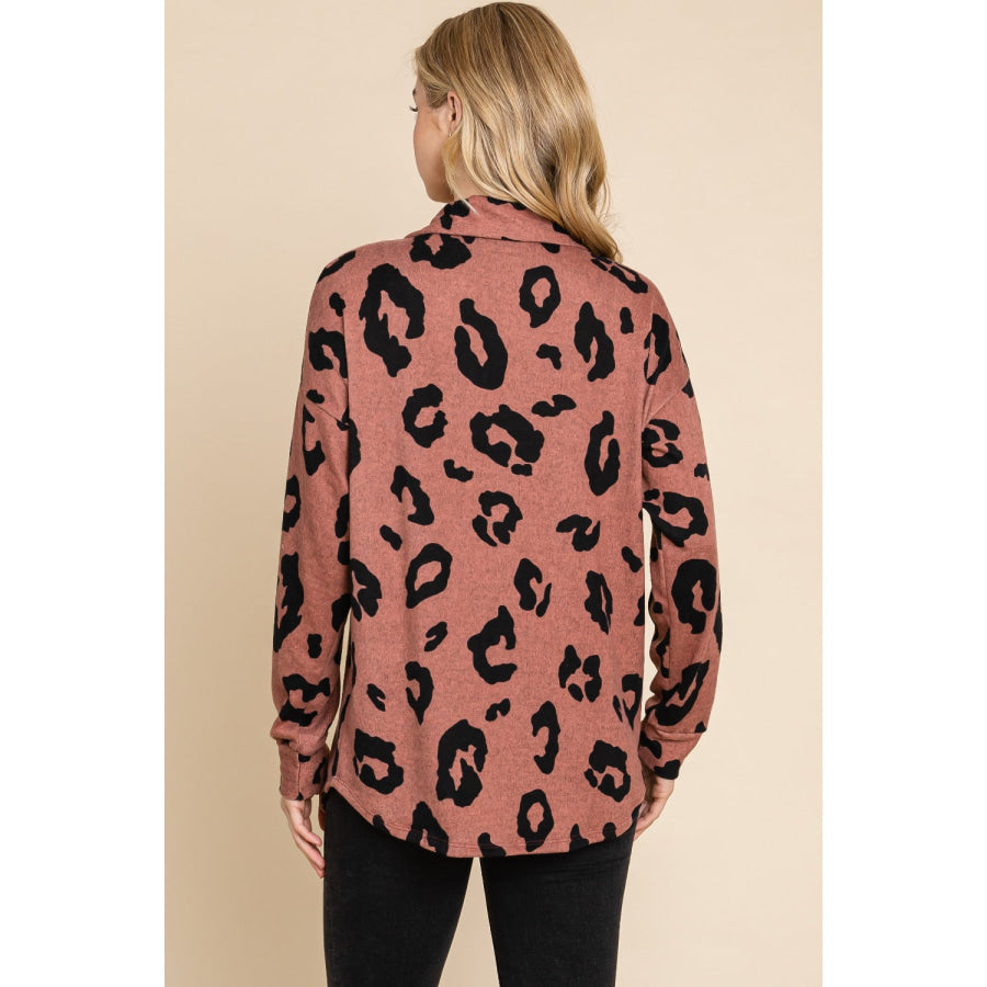 BOMBOM Animal Print Button Up Knit Shacket Apparel and Accessories