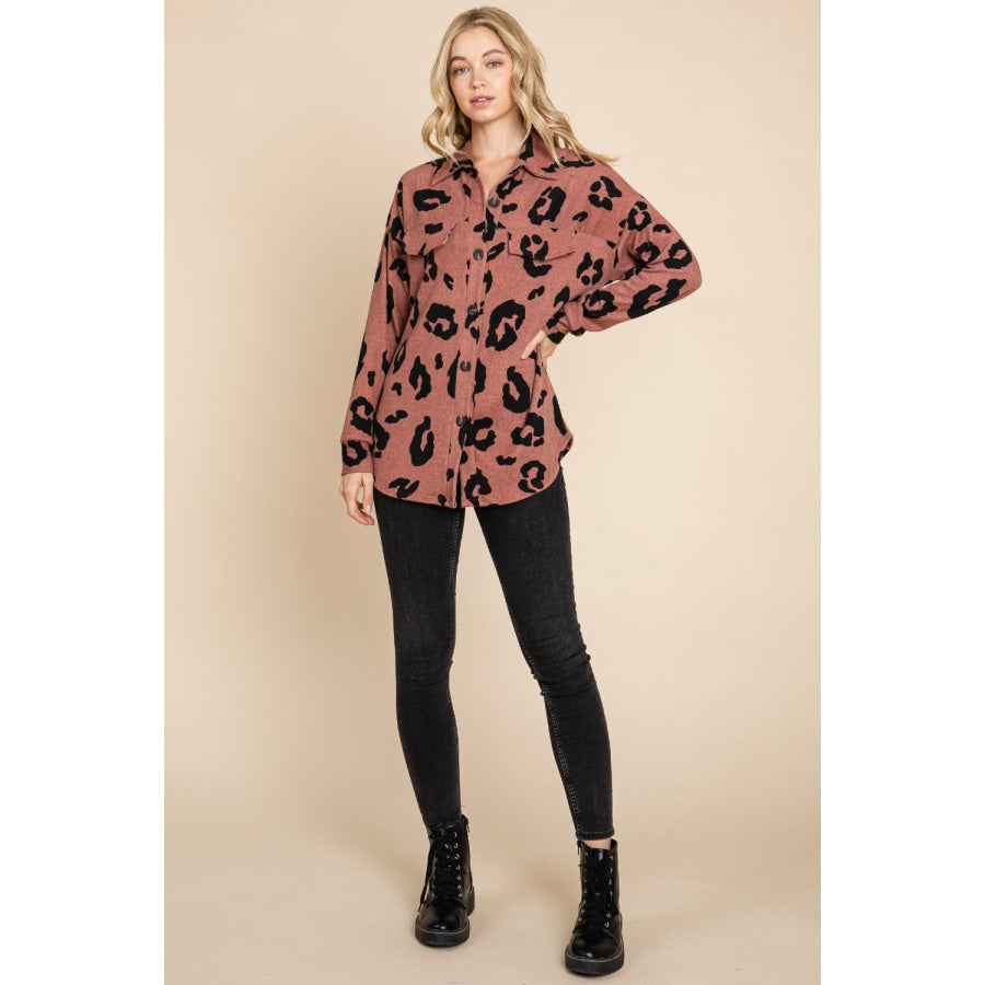 BOMBOM Animal Print Button Up Knit Shacket Apparel and Accessories