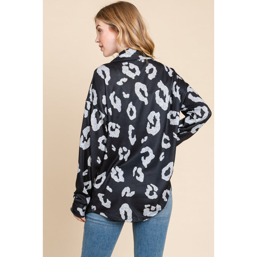 BOMBOM Animal Print Button Up Knit Shacket Black / S Apparel and Accessories