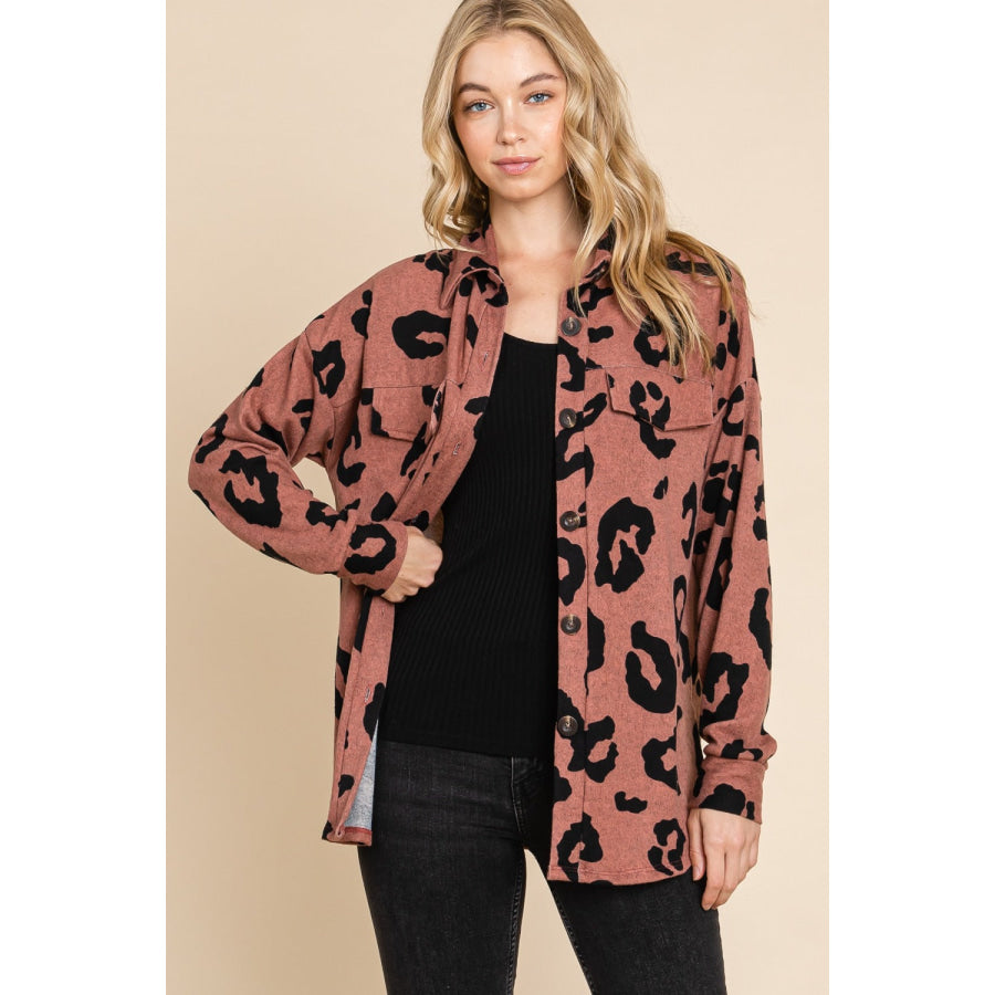 BOMBOM Animal Print Button Up Knit Shacket Apparel and Accessories