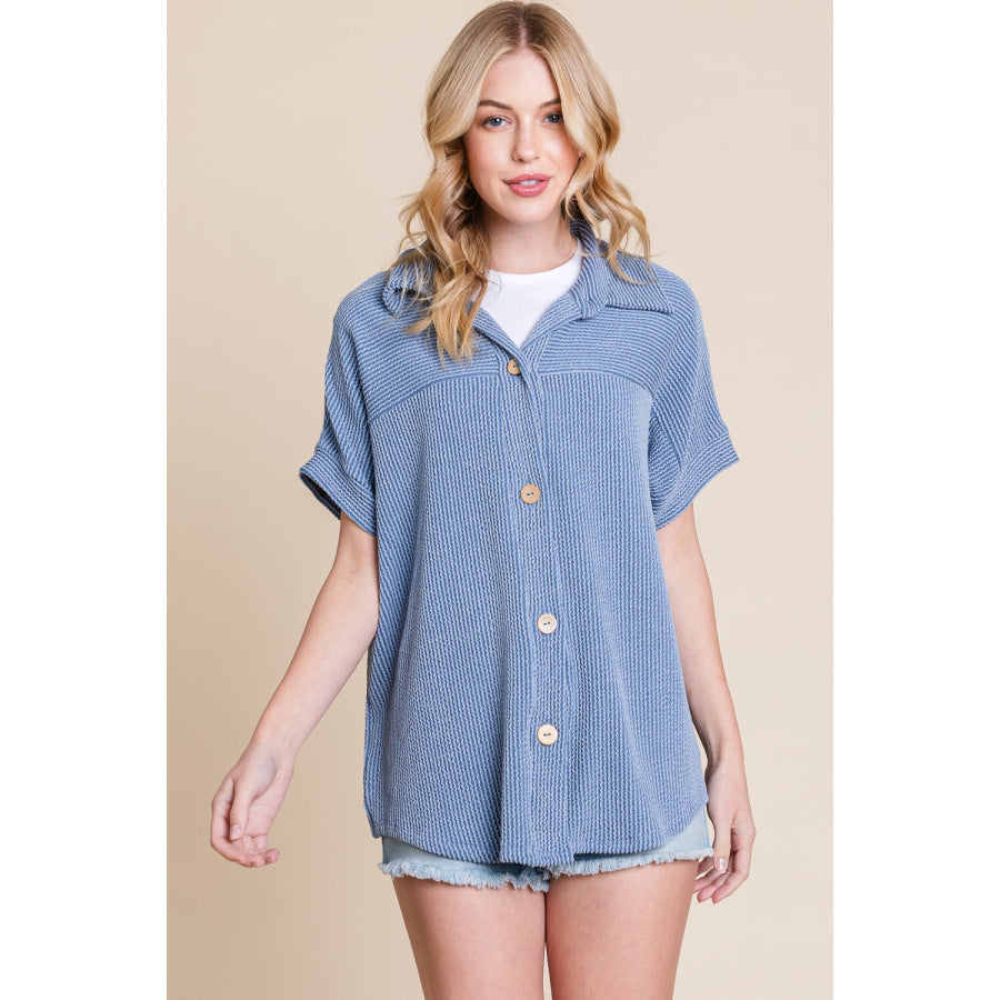 BOMBOM Button Up Short Sleeves Ribbed Shirt Apparel and Accessories