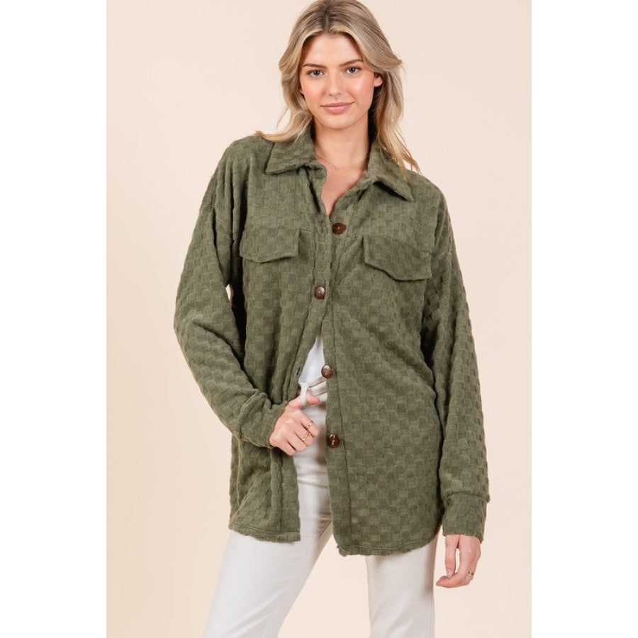 BOMBOM Checkered Button Down Dropped Shoulder Shacket Apparel and Accessories