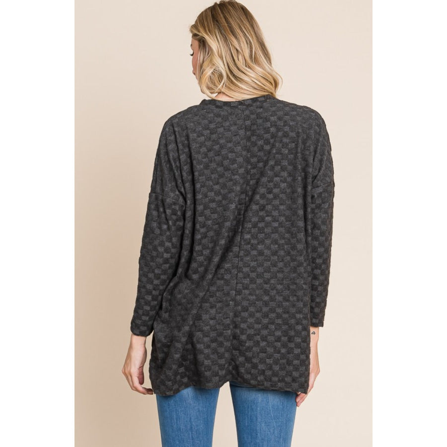 BOMBOM Checkered Long Sleeve V-Neck T-Shirt Charcoal / S Apparel and Accessories