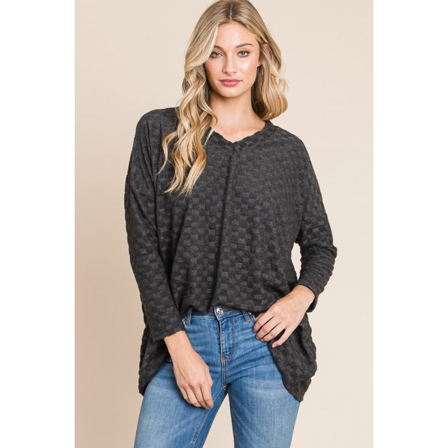 BOMBOM Checkered Long Sleeve V-Neck T-Shirt Charcoal / S Apparel and Accessories