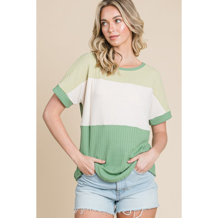 BOMBOM Color Block Short Sleeve T-Shirt Green Multi / S Shirts & Tops