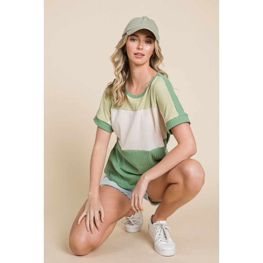 BOMBOM Color Block Short Sleeve T-Shirt Shirts &amp; Tops