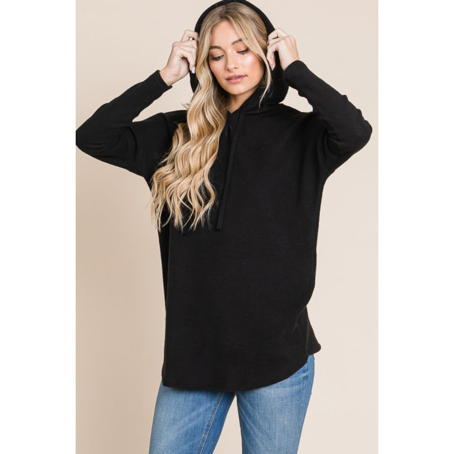 BOMBOM Contrast Drawstring Drop Shoulder Knit Hoodie Apparel and Accessories