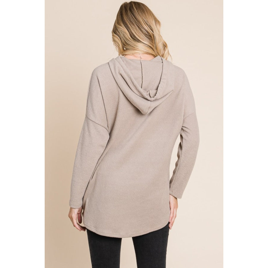 BOMBOM Contrast Drawstring Drop Shoulder Knit Hoodie Taupe / S Apparel and Accessories