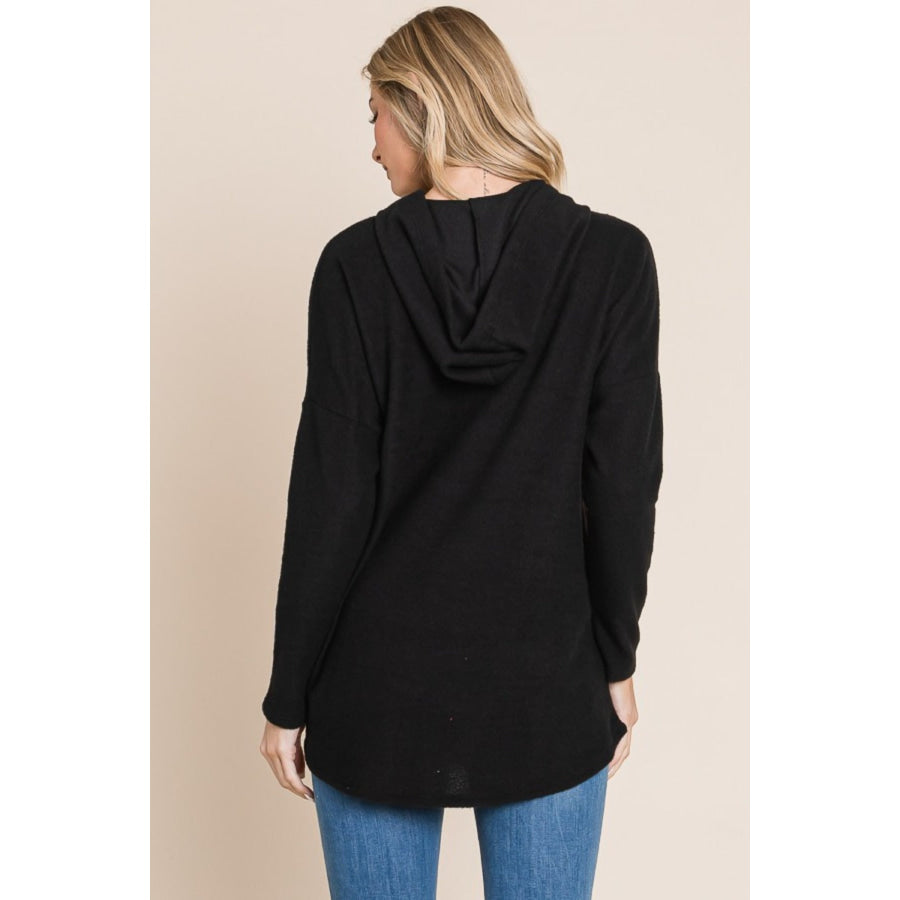 BOMBOM Contrast Drawstring Drop Shoulder Knit Hoodie Black / S Apparel and Accessories