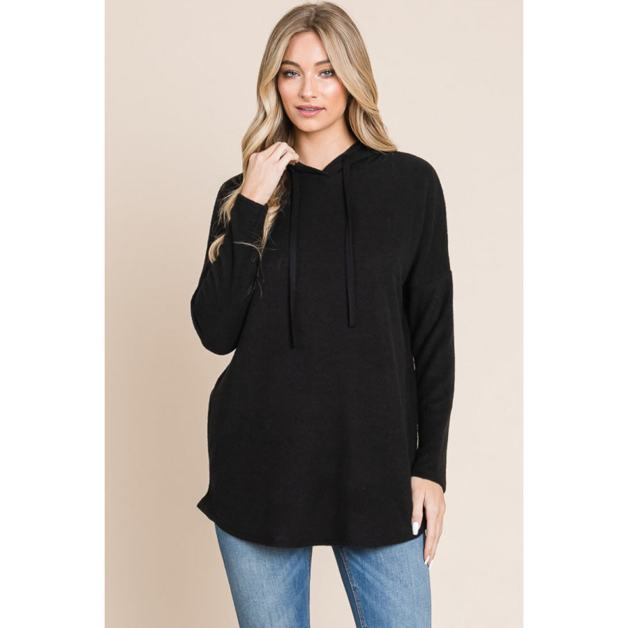 BOMBOM Contrast Drawstring Drop Shoulder Knit Hoodie Black / S Apparel and Accessories