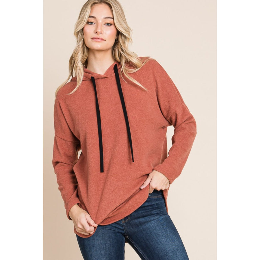 BOMBOM Contrast Drawstring Drop Shoulder Knit Hoodie Brick / S Apparel and Accessories