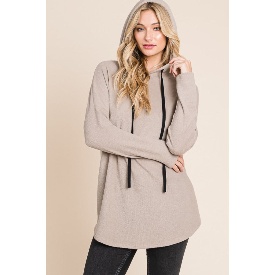 BOMBOM Contrast Drawstring Drop Shoulder Knit Hoodie Taupe / S Apparel and Accessories