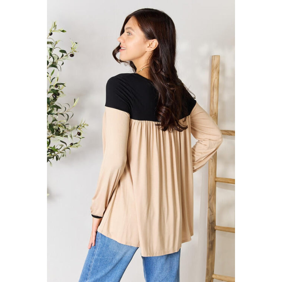 BOMBOM Contrast Long Sleeve Ruched Blouse AS-SHOWN / S Clothing
