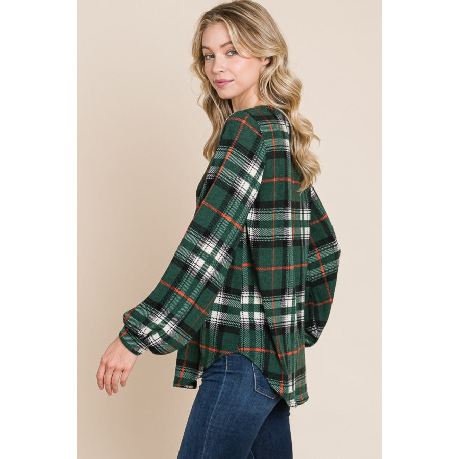 BOMBOM Curved Hem Plaid Round Neck Long Sleeve Top Apparel and Accessories