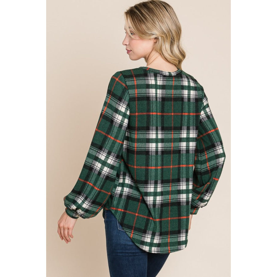 BOMBOM Curved Hem Plaid Round Neck Long Sleeve Top Apparel and Accessories