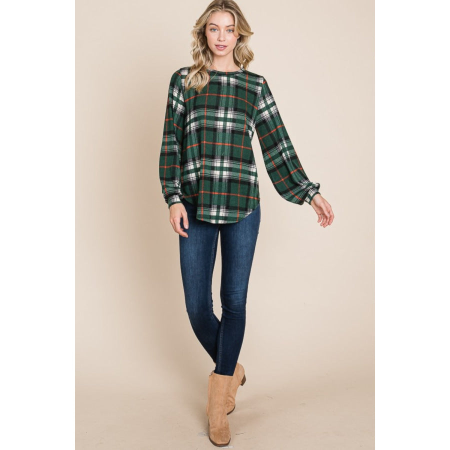 BOMBOM Curved Hem Plaid Round Neck Long Sleeve Top Apparel and Accessories