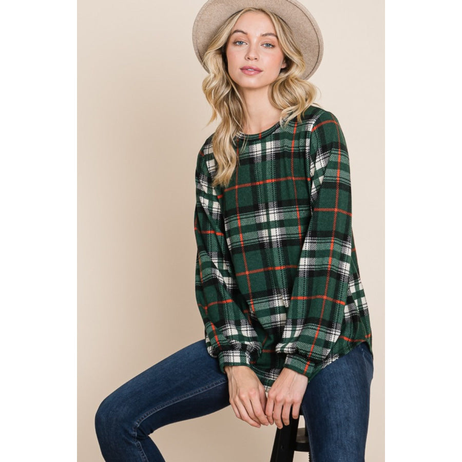 BOMBOM Curved Hem Plaid Round Neck Long Sleeve Top Apparel and Accessories