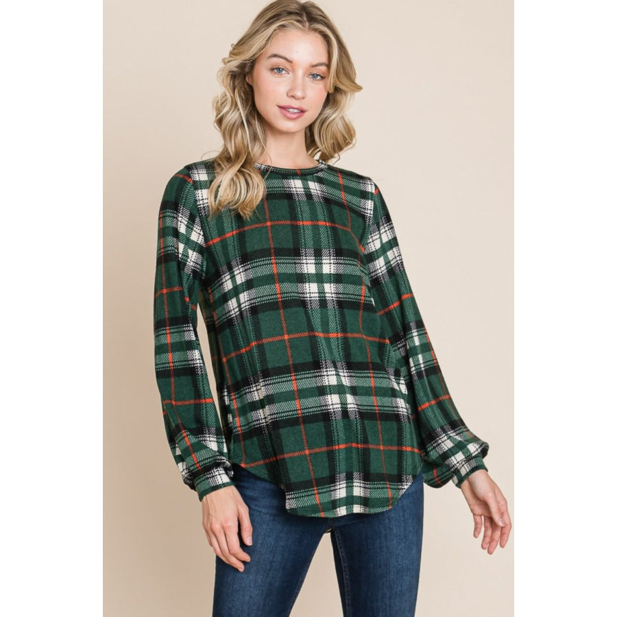 BOMBOM Curved Hem Plaid Round Neck Long Sleeve Top Green / S Apparel and Accessories