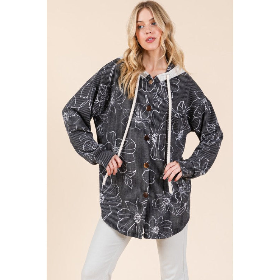 BOMBOM Drawstring Flower Print Button Up Shacket Apparel and Accessories