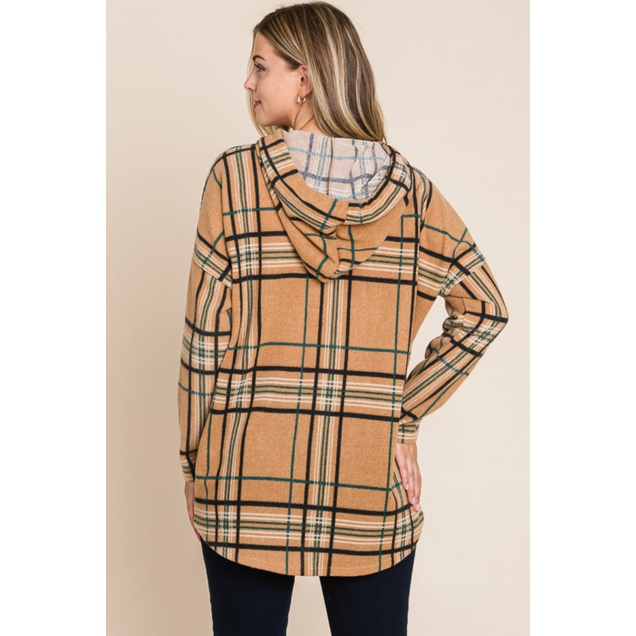 BOMBOM Drawstring Plaid Long Sleeve Hoodie Taupe / S Apparel and Accessories