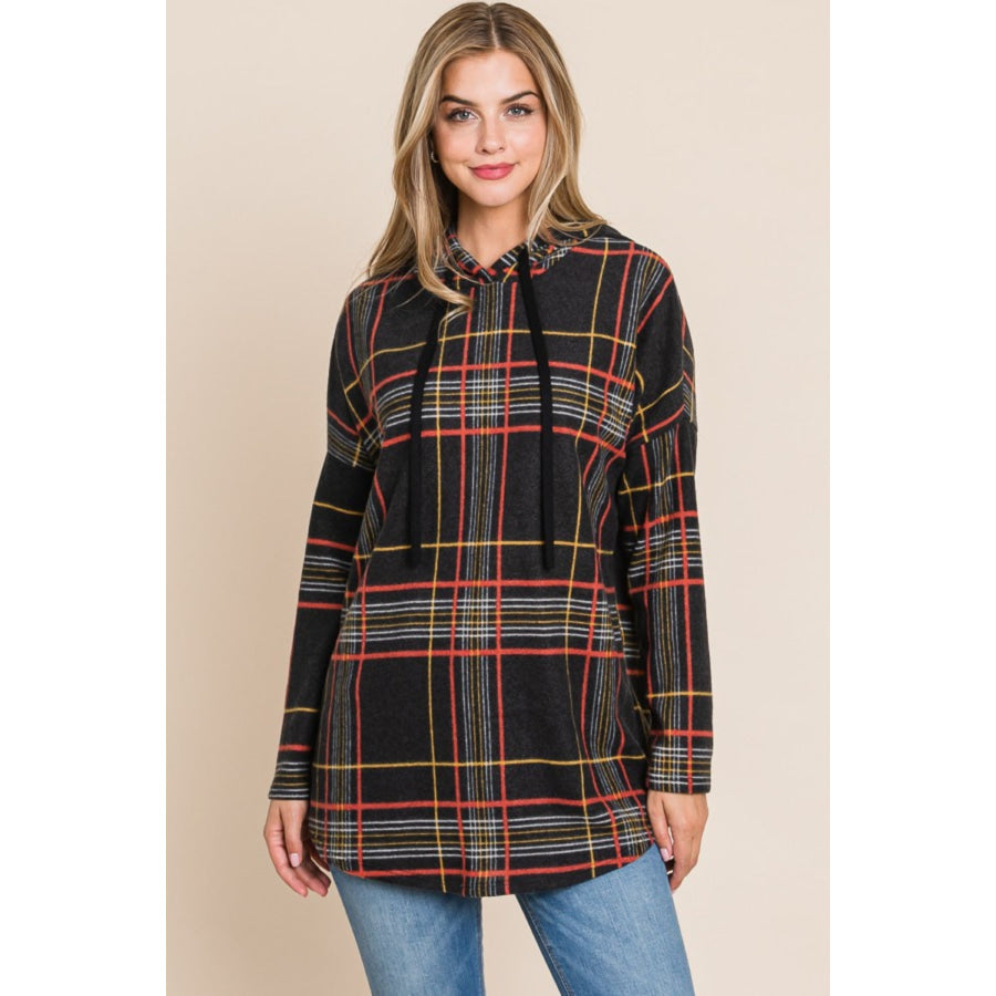 BOMBOM Drawstring Plaid Long Sleeve Hoodie Apparel and Accessories