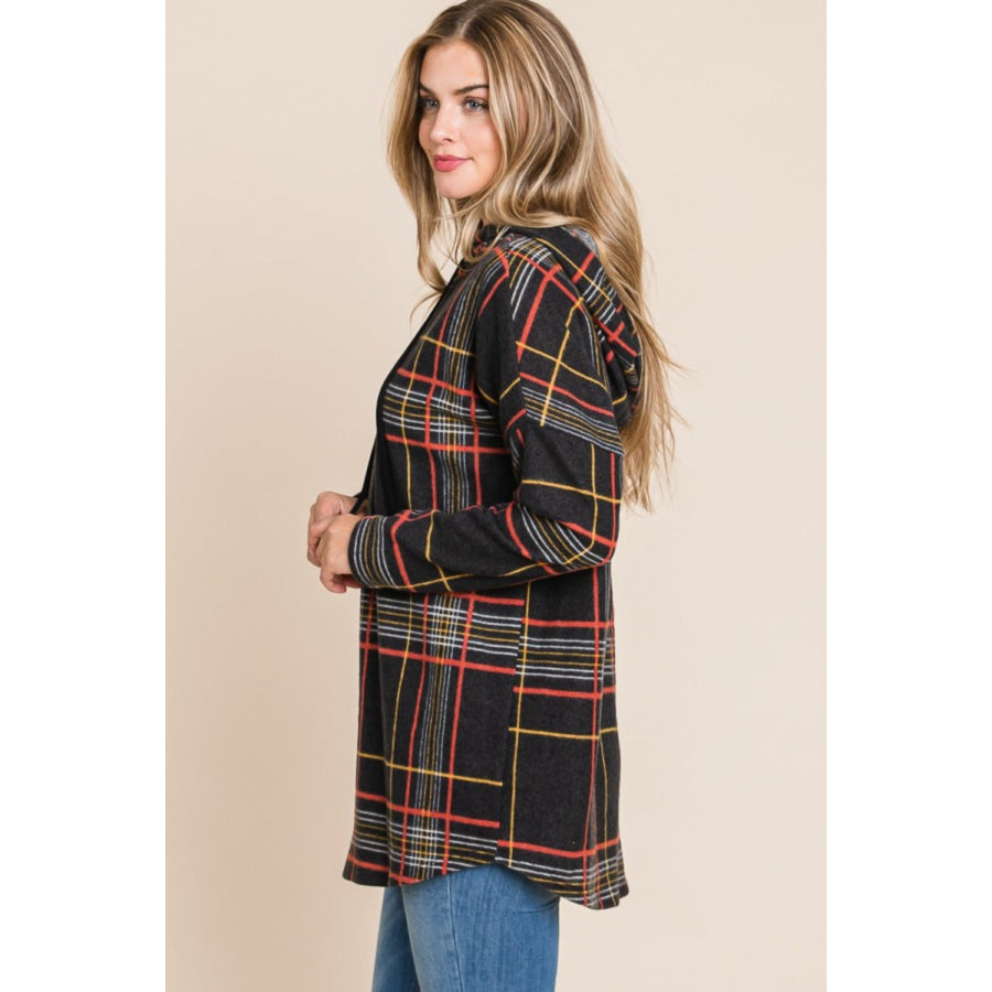 BOMBOM Drawstring Plaid Long Sleeve Hoodie Apparel and Accessories