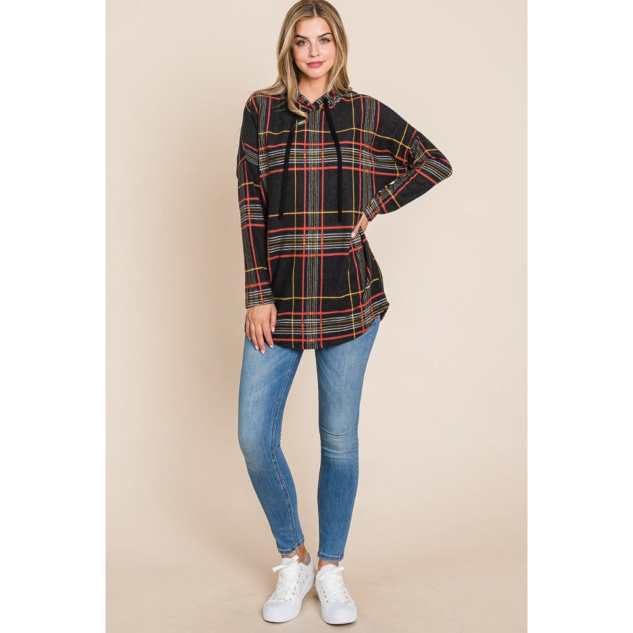 BOMBOM Drawstring Plaid Long Sleeve Hoodie Apparel and Accessories