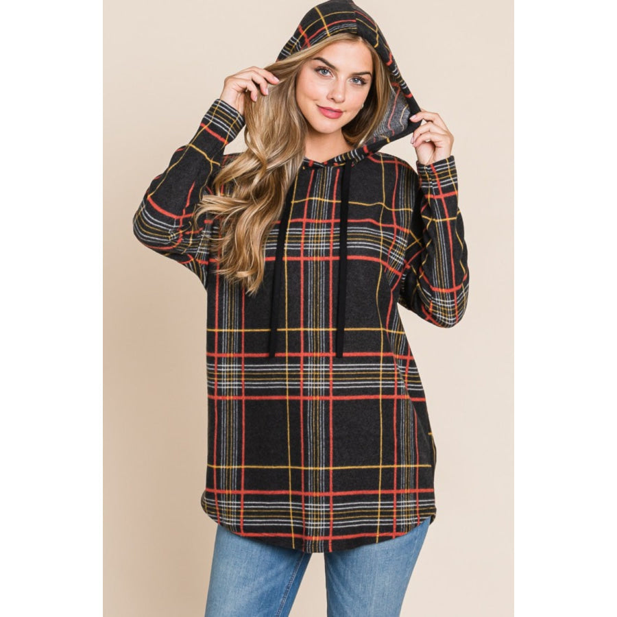 BOMBOM Drawstring Plaid Long Sleeve Hoodie Black / S Apparel and Accessories