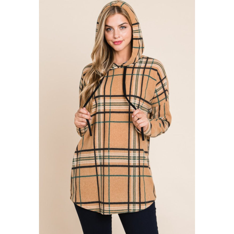 BOMBOM Drawstring Plaid Long Sleeve Hoodie Taupe / S Apparel and Accessories