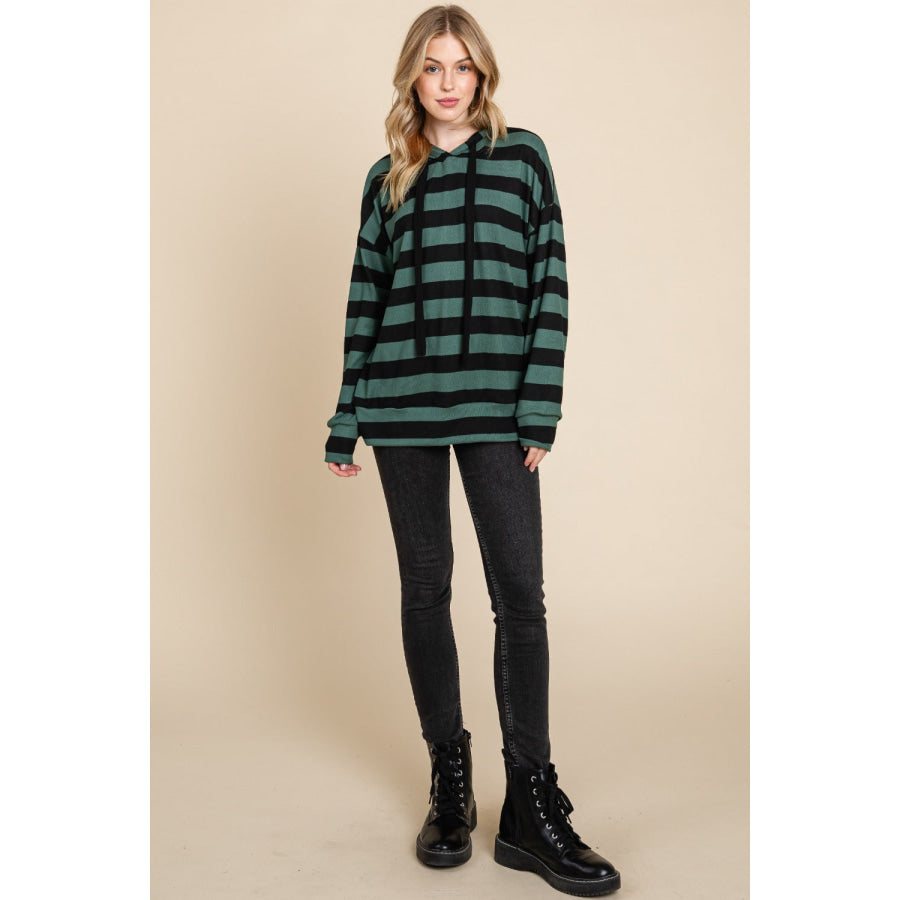 BOMBOM Drawstring Striped Dropped Shoulder Hoodie Apparel and Accessories