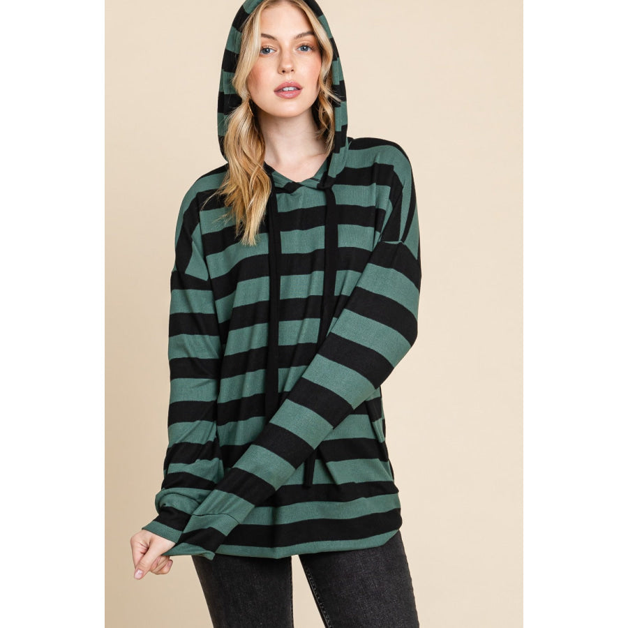 BOMBOM Drawstring Striped Dropped Shoulder Hoodie Apparel and Accessories