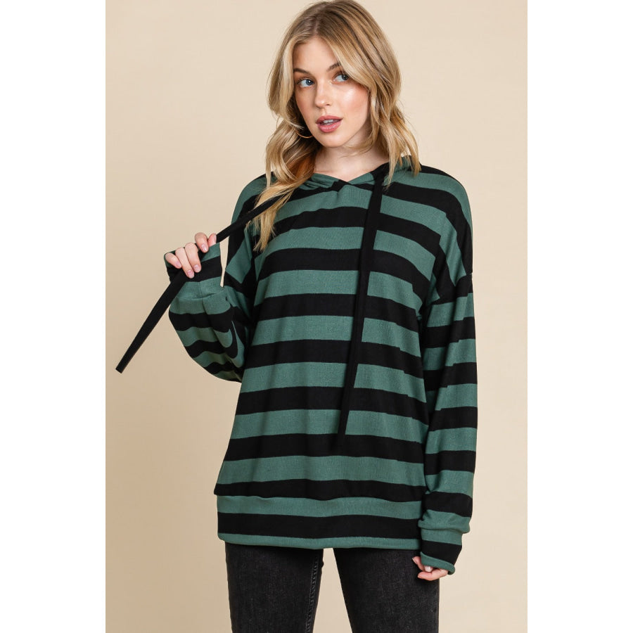 BOMBOM Drawstring Striped Dropped Shoulder Hoodie Apparel and Accessories