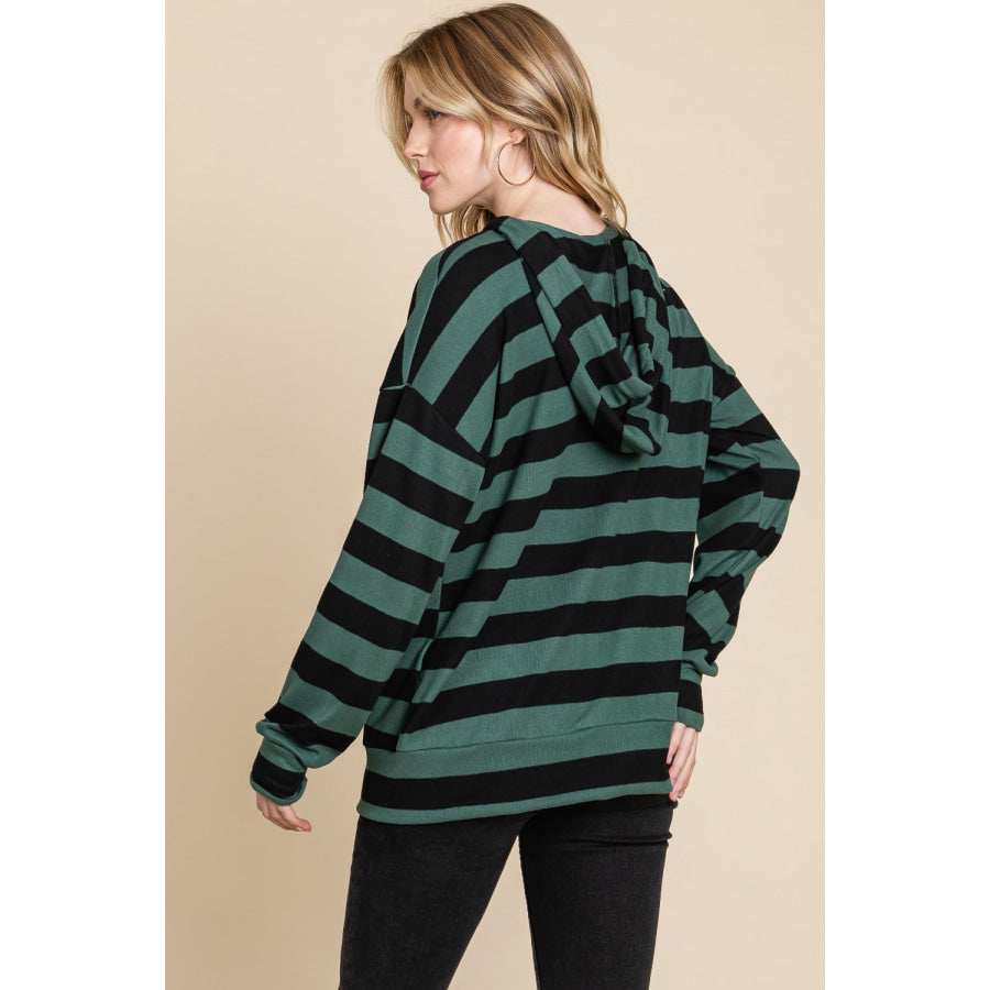 BOMBOM Drawstring Striped Dropped Shoulder Hoodie Apparel and Accessories