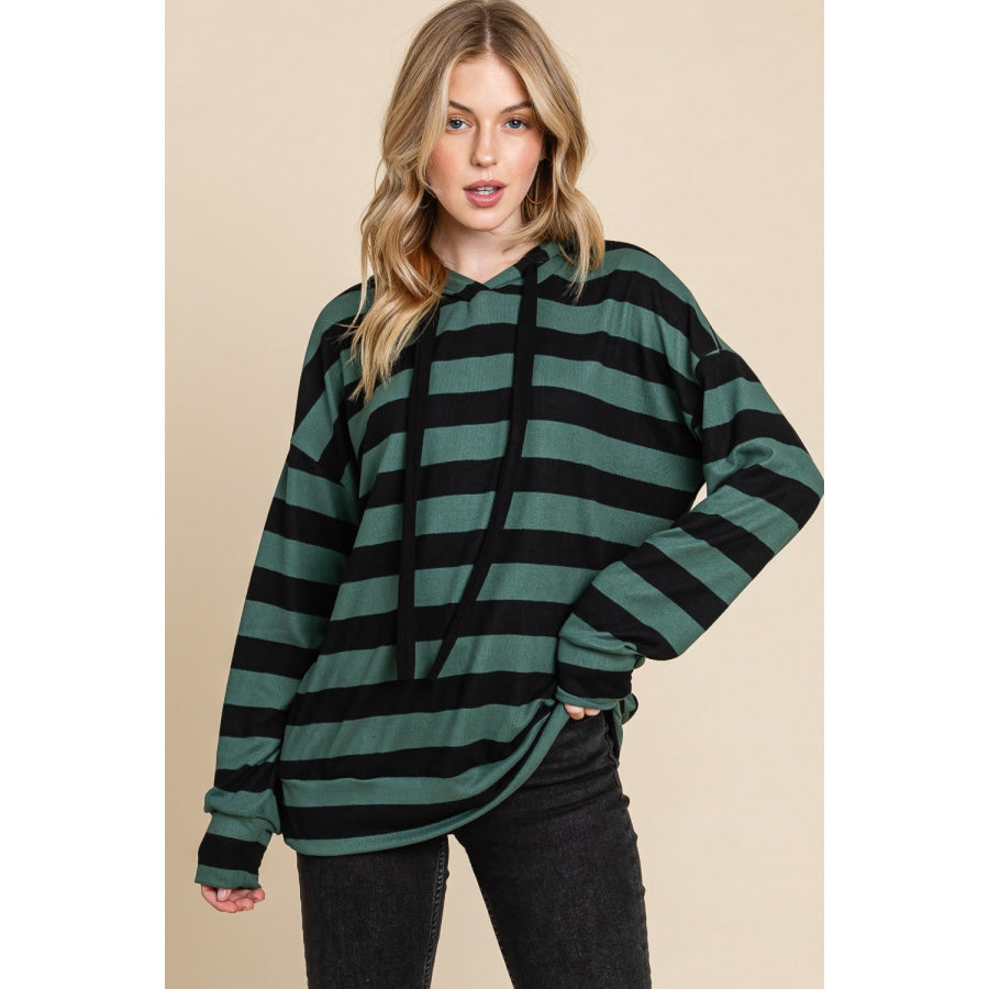 BOMBOM Drawstring Striped Dropped Shoulder Hoodie Forest Green/Black / S Apparel and Accessories