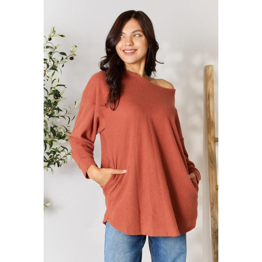 BOMBOM Drop Shoulder Long Sleeve Blouse with Pockets Clothing