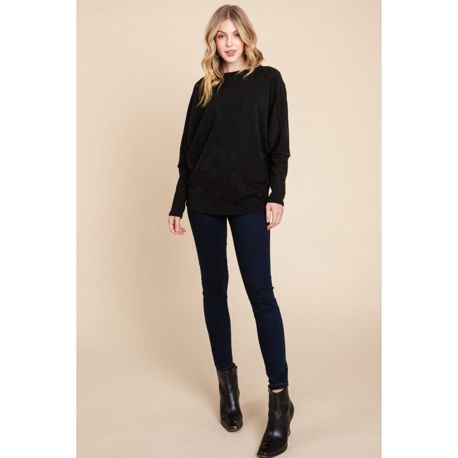 BOMBOM Drop Shoulder Long Sleeve Knit Top Apparel and Accessories