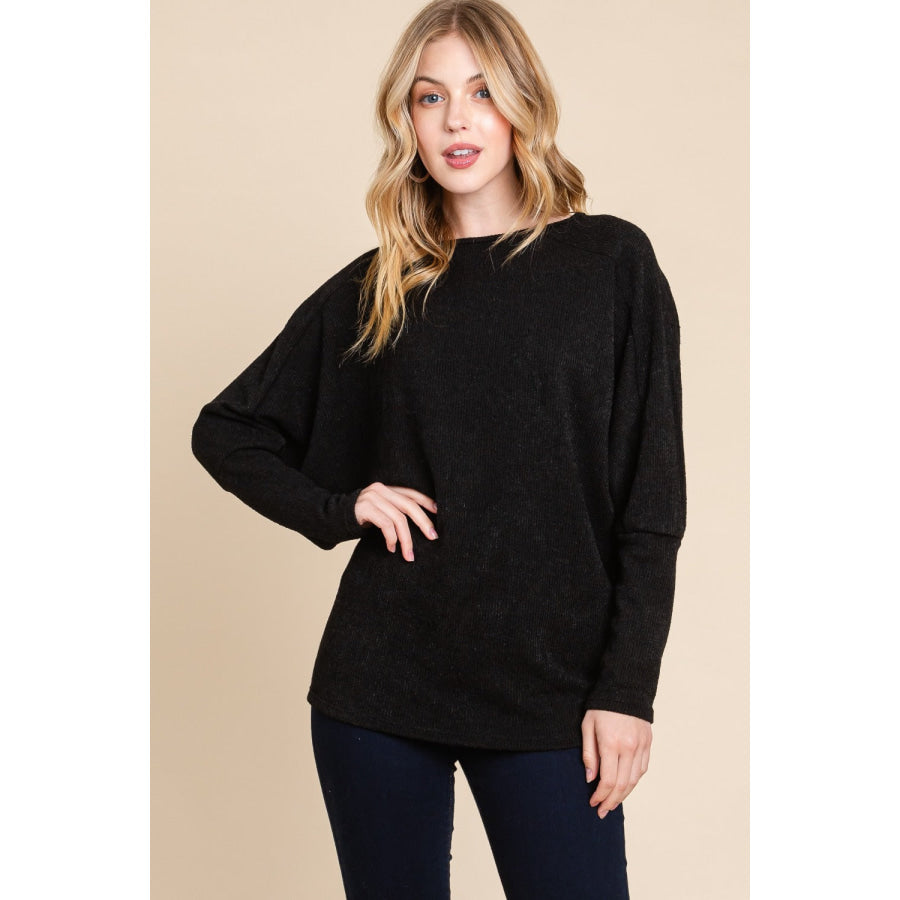 BOMBOM Drop Shoulder Long Sleeve Knit Top Apparel and Accessories