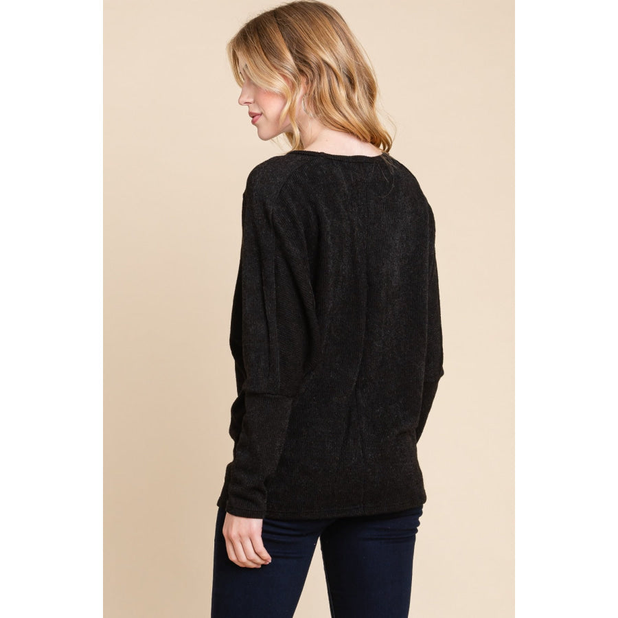 BOMBOM Drop Shoulder Long Sleeve Knit Top Apparel and Accessories