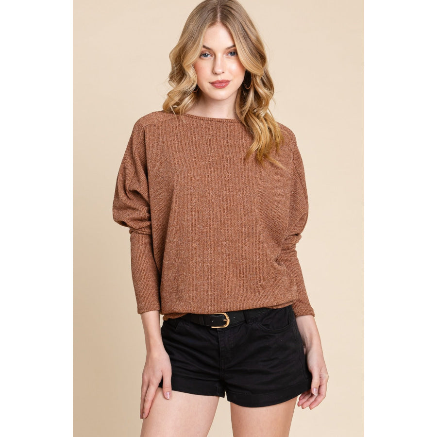 BOMBOM Drop Shoulder Long Sleeve Knit Top Apparel and Accessories