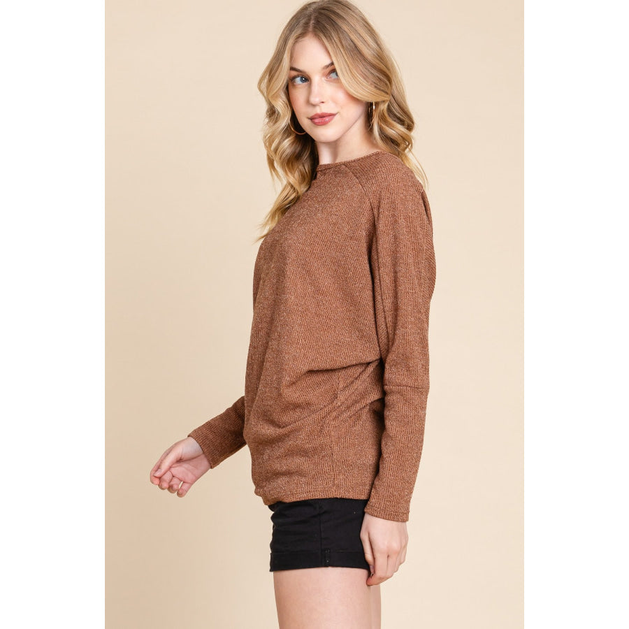 BOMBOM Drop Shoulder Long Sleeve Knit Top Apparel and Accessories