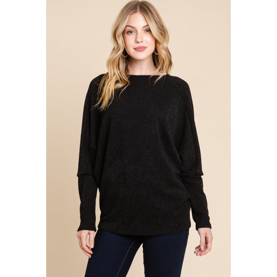 BOMBOM Drop Shoulder Long Sleeve Knit Top Apparel and Accessories