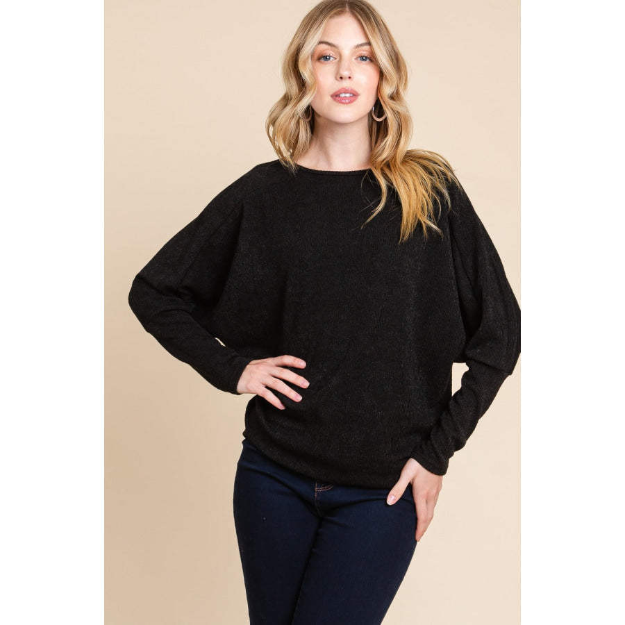 BOMBOM Drop Shoulder Long Sleeve Knit Top Black / S Apparel and Accessories