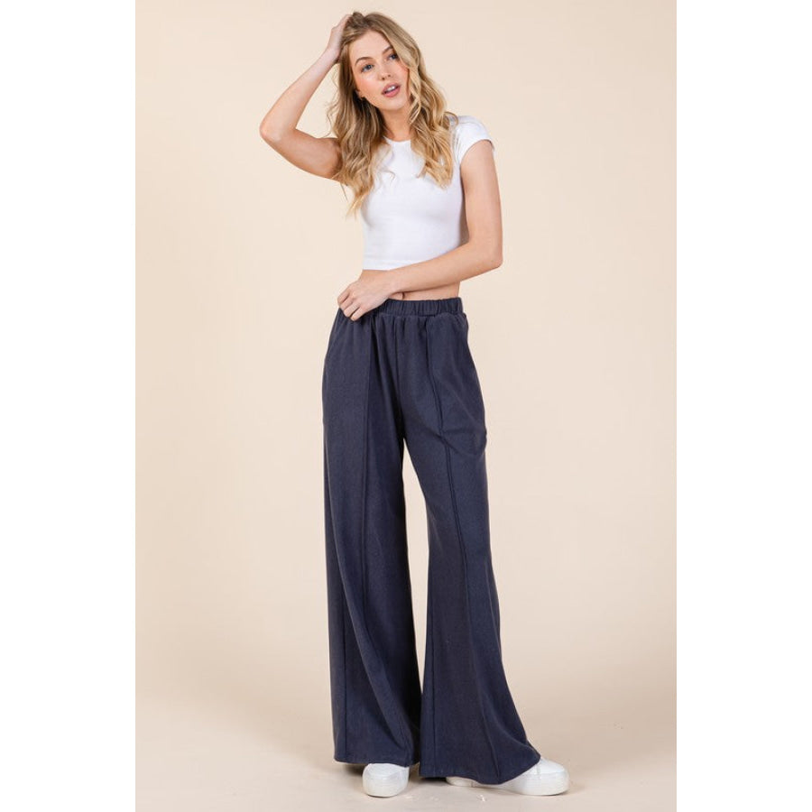 BOMBOM Elastic Waist Wide Leg Pants with Pockets Apparel and Accessories