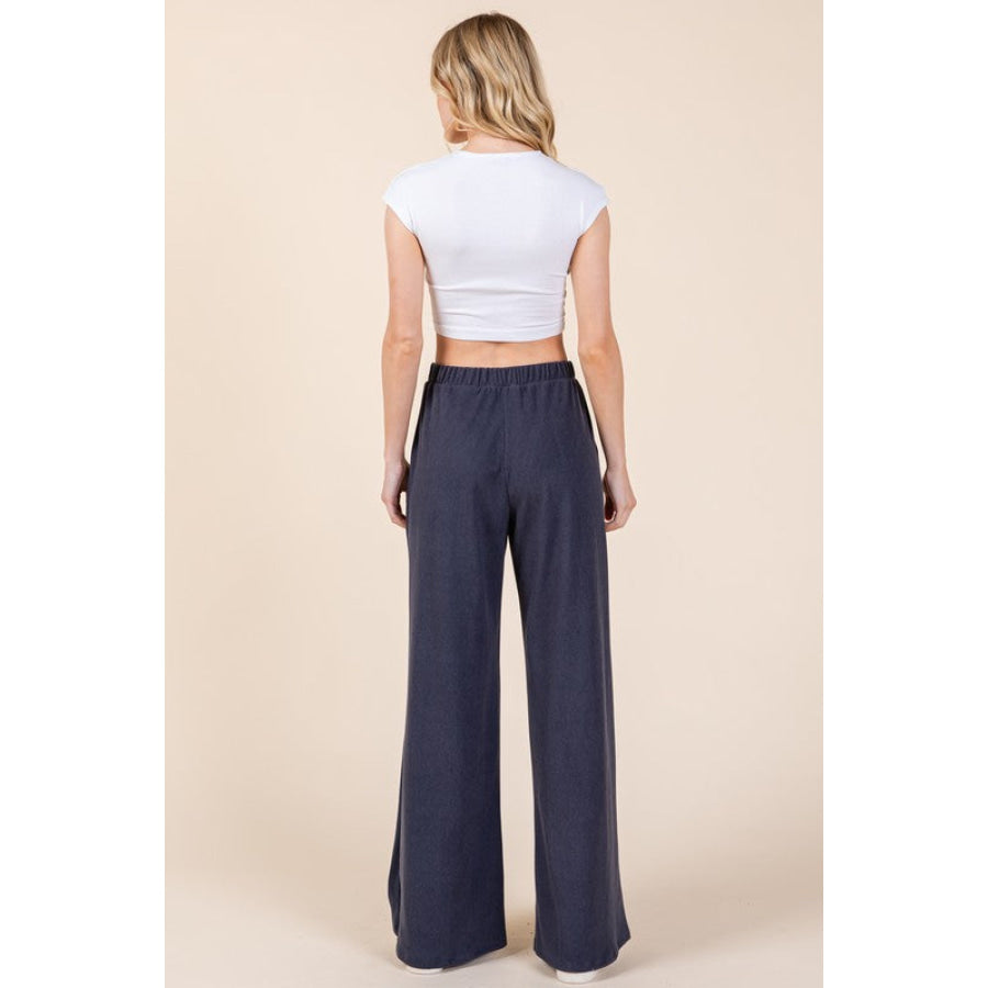 BOMBOM Elastic Waist Wide Leg Pants with Pockets Apparel and Accessories